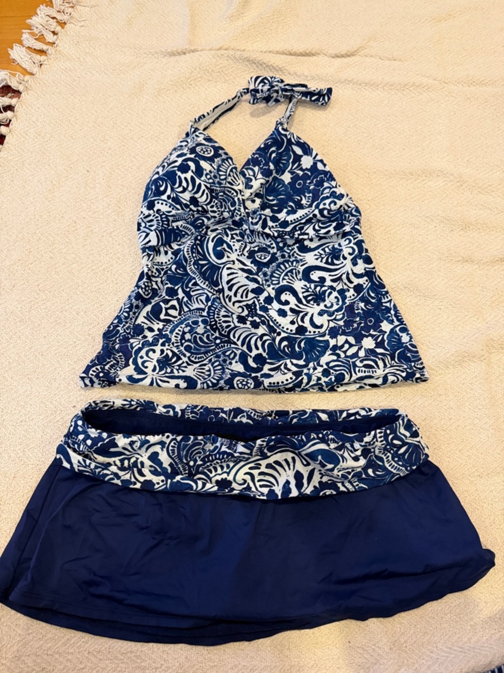Lauren Ralph Lauren Navy and White Paisley Halter Tankini with Skirt